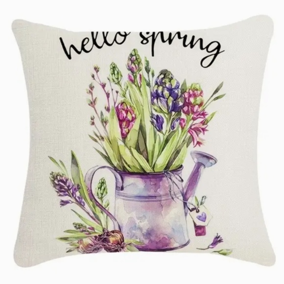 NEW SPRING/EASTER FLOWERS & WATERING CAN HELLO SPRING LINEN PILLOW COVER 17.7" - Picture 1 of 5